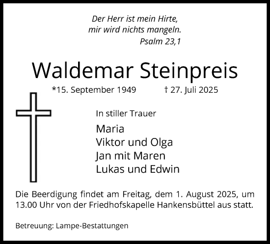 Traueranzeige von Waldemar Steinpreis von IK