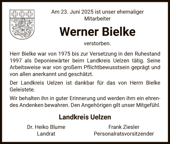 Traueranzeige von Werner Bielke von AZ