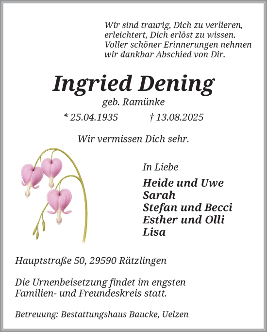 Traueranzeige von Ingried Dening von AZ
