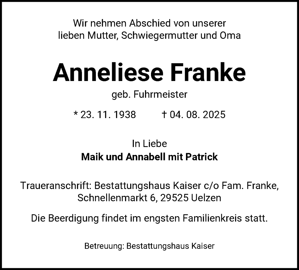  Traueranzeige für Anneliese Franke vom 09.08.2025 aus AZ