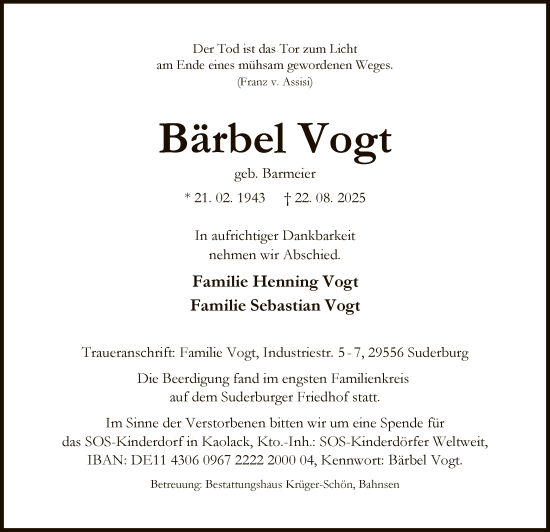 Traueranzeige von Bärbel Vogt von AZ
