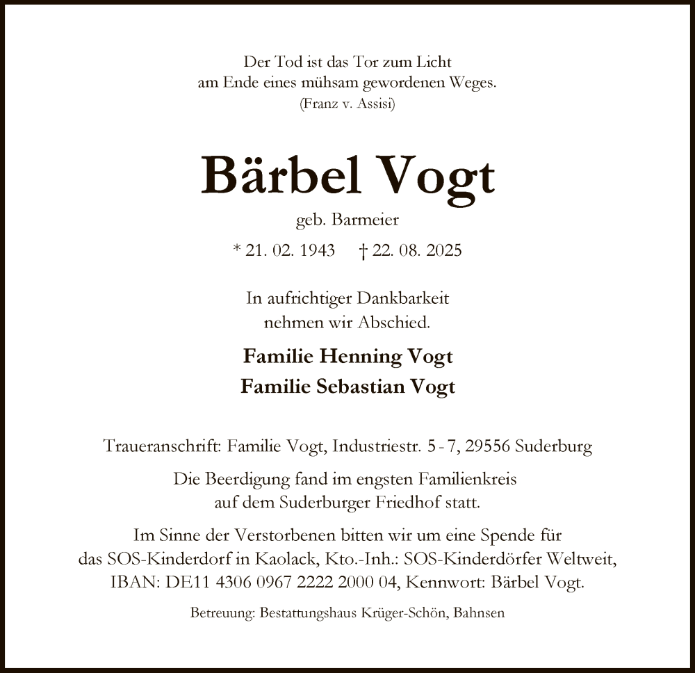  Traueranzeige für Bärbel Vogt vom 30.08.2025 aus AZ