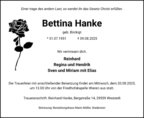 Traueranzeige von Bettina Hanke von AZ