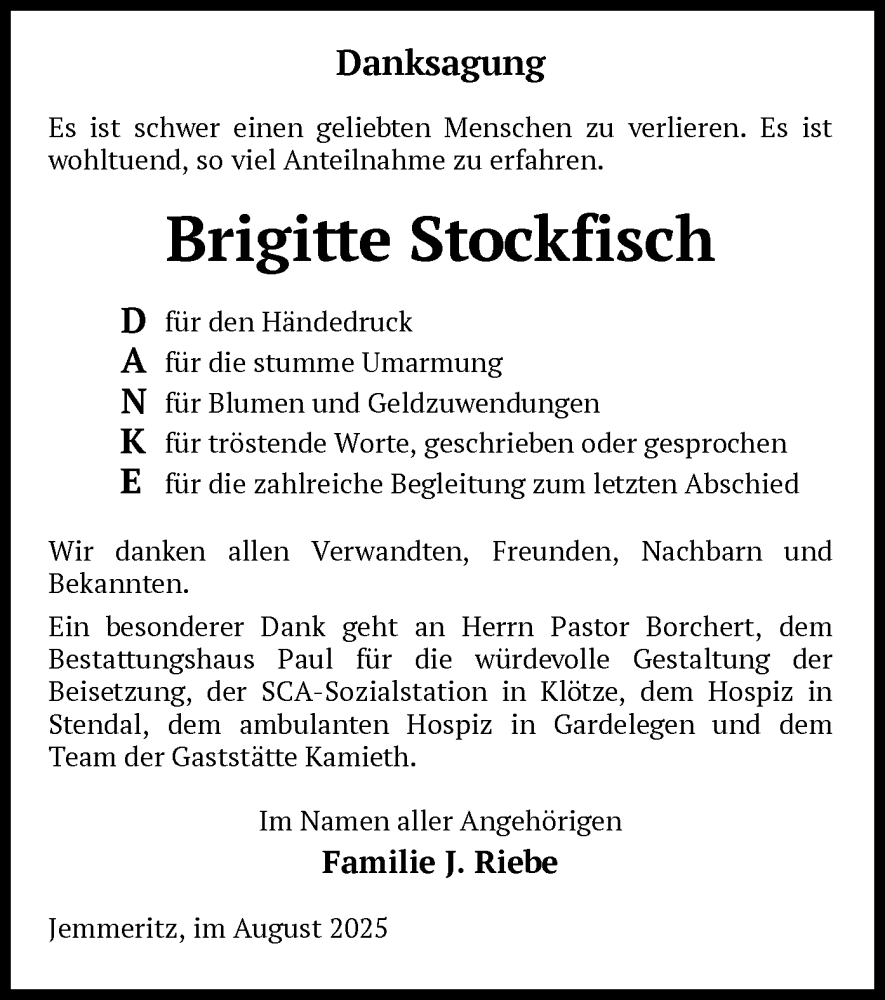  Traueranzeige für Brigitte Stockfisch vom 27.08.2025 aus AMZ