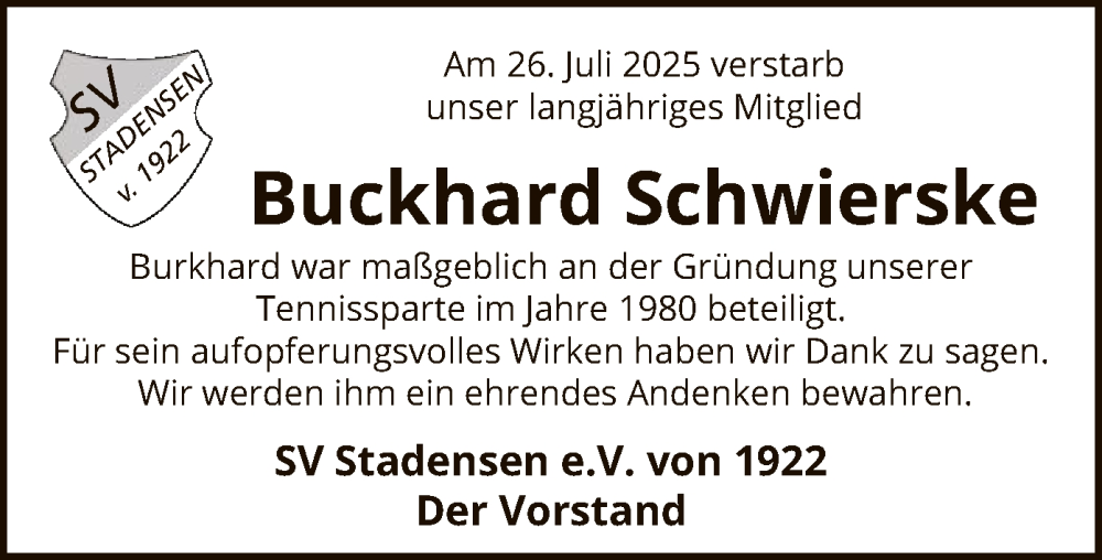  Traueranzeige für Buckhard Schwierske vom 02.08.2025 aus AZ