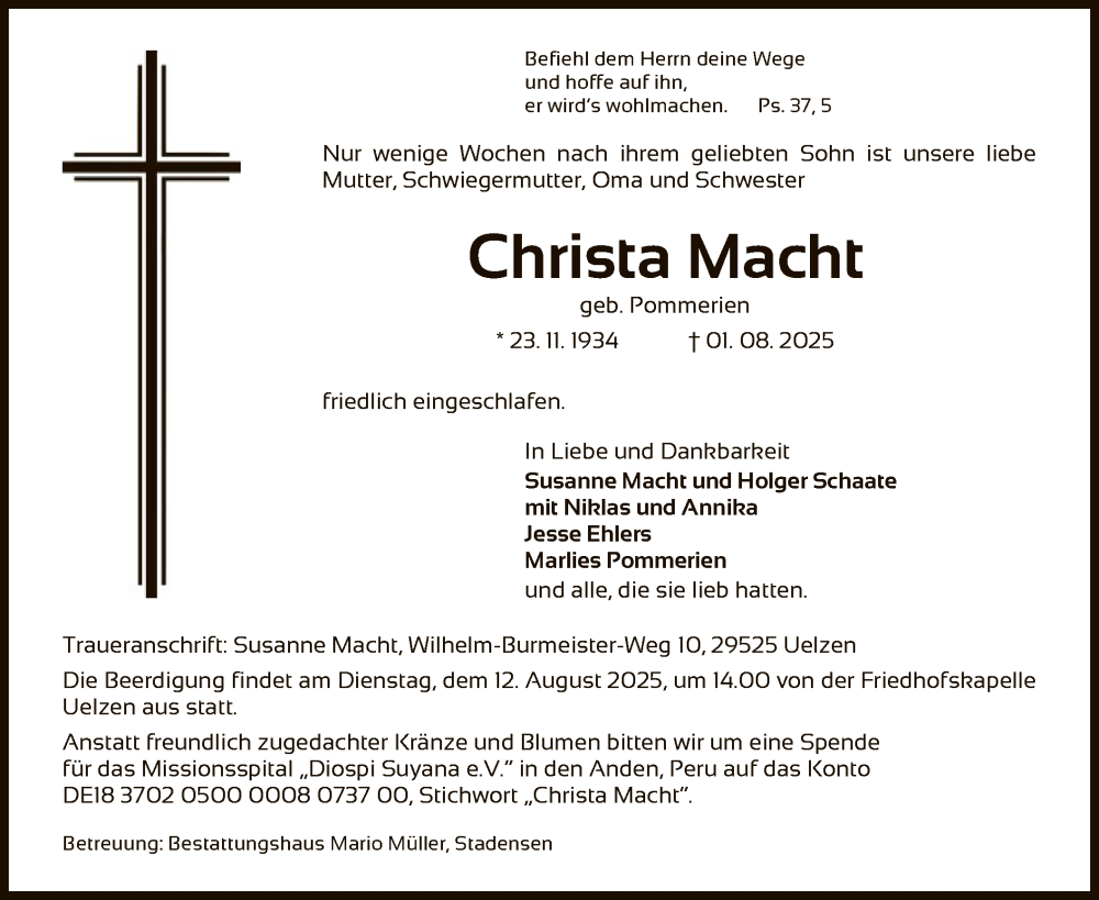  Traueranzeige für Christa Macht vom 09.08.2025 aus AZ