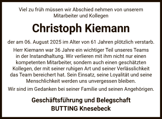 Traueranzeige von Christoph Kiemann von IK