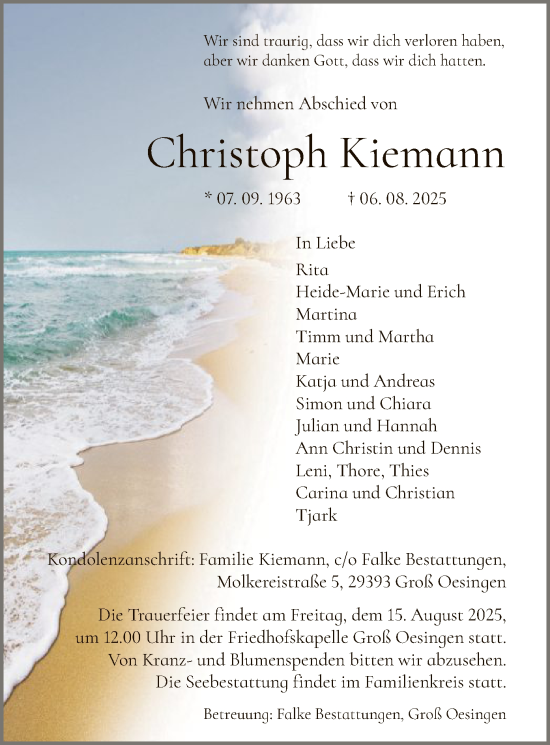Traueranzeige von Christoph Kiemann von IK