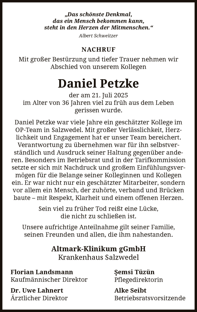  Traueranzeige für Daniel Petzke vom 09.08.2025 aus AMZ