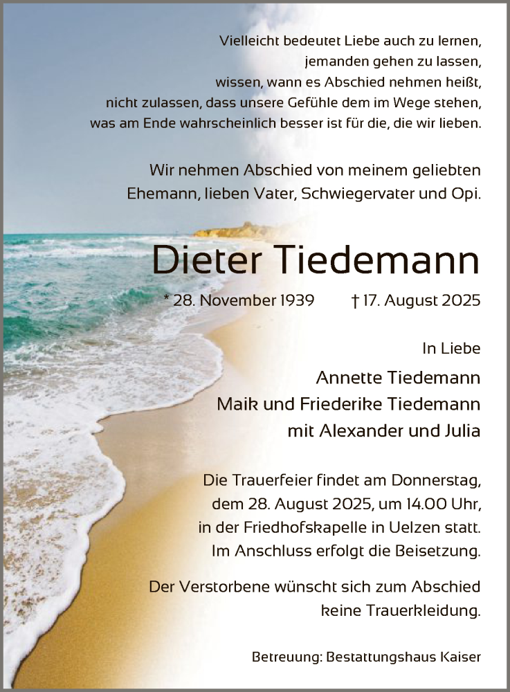  Traueranzeige für Dieter Tiedemann vom 23.08.2025 aus AZ