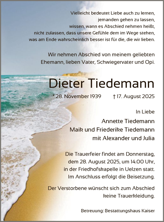 Traueranzeige von Dieter Tiedemann von AZ