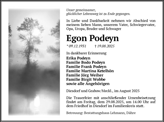 Traueranzeige von Egon Podeyn von AMZ