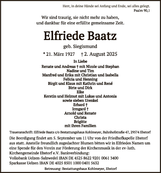 Traueranzeige von Elfriede Baatz von AZ