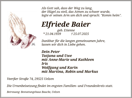 Traueranzeige von Elfriede Baier von AZ