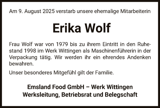 Traueranzeige von Erika Wolf von IK