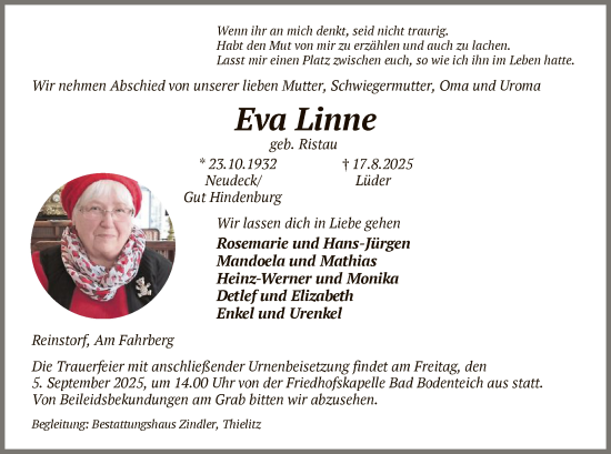 Traueranzeige von Eva Linne von AZ