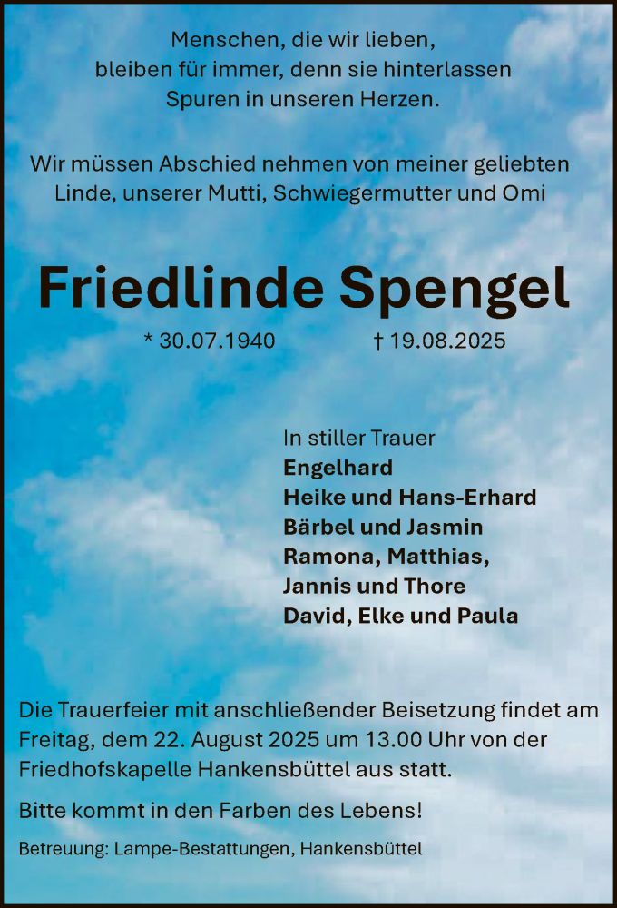  Traueranzeige für Friedlinde Spengel vom 21.08.2025 aus IK