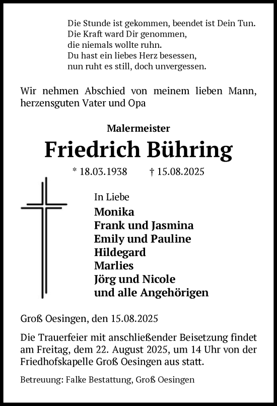 Traueranzeige von Friedrich Bühring von IK