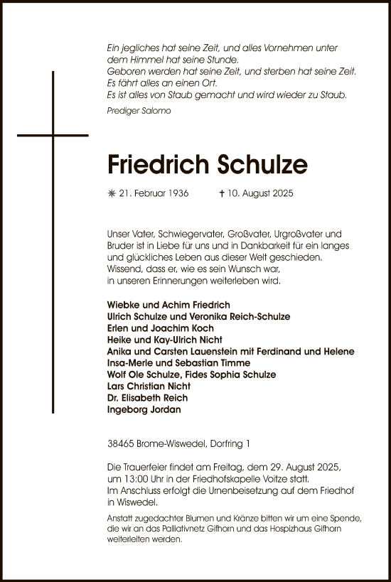 Traueranzeige von Friedrich Schulze von IK