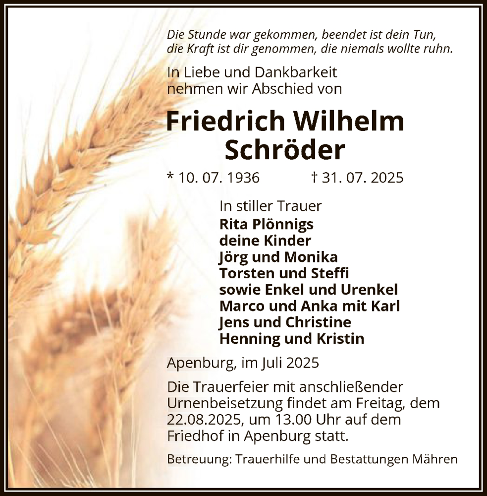  Traueranzeige für Friedrich Wilhelm Schröder vom 07.08.2025 aus AMZ