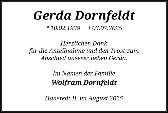 Traueranzeige von Gerda Dornfeldt von AZ
