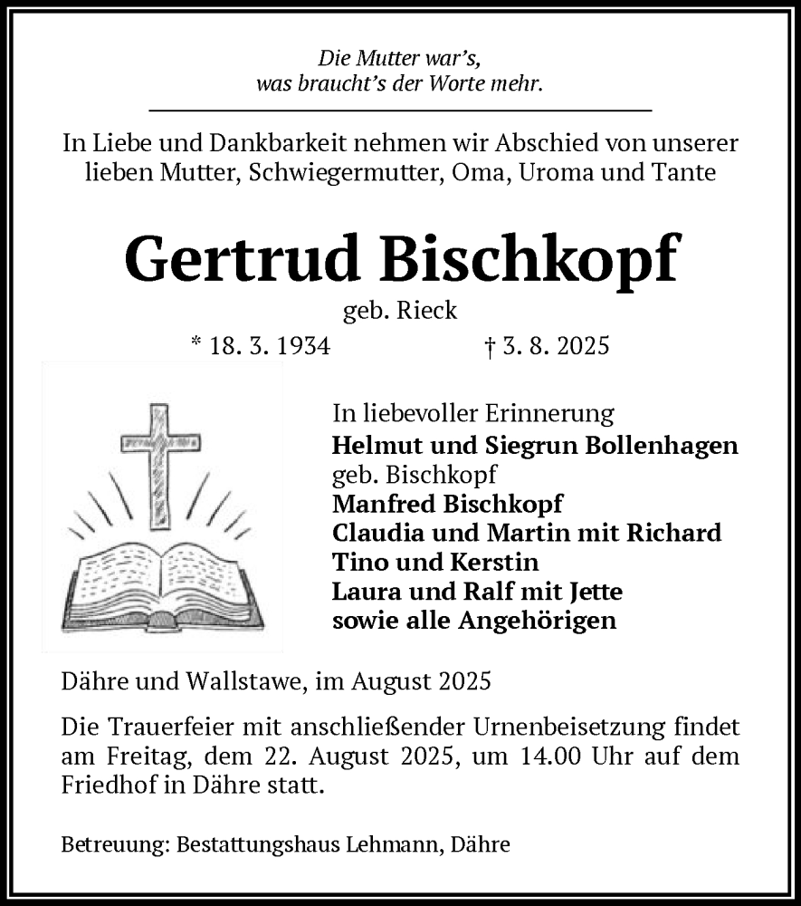  Traueranzeige für Gertrud Bischkopf vom 08.08.2025 aus AMZ