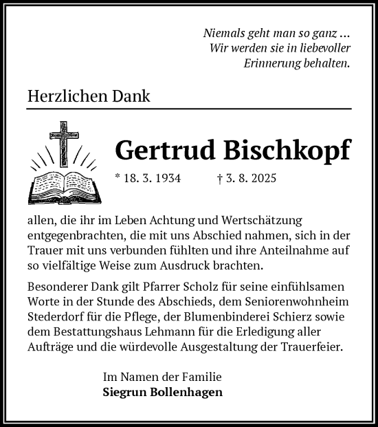 Traueranzeige von Gertrud Bischkopf von AMZ