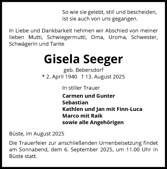 Traueranzeige von Gisela Seeger von AMZ