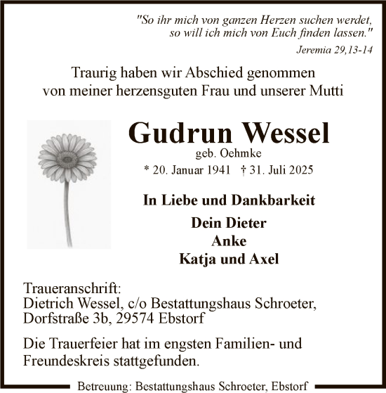 Traueranzeige von Gudrun Wessel von AZ