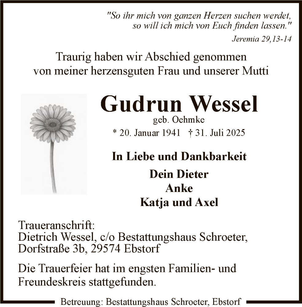  Traueranzeige für Gudrun Wessel vom 23.08.2025 aus AZ