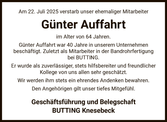 Traueranzeige von Günter Auffahrt von IK