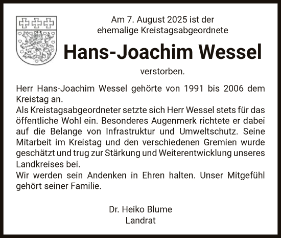 Traueranzeige von Hans-Joachim Wessel von AZ