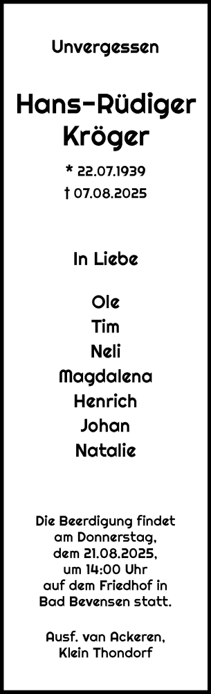 Traueranzeige von Hans-Rüdiger Kröger von AZ