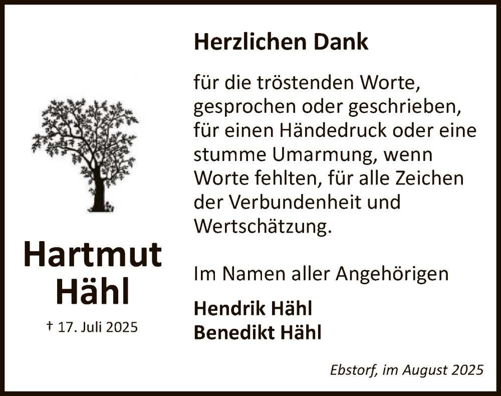  Traueranzeige für Hartmut Hähl vom 09.08.2025 aus AZ