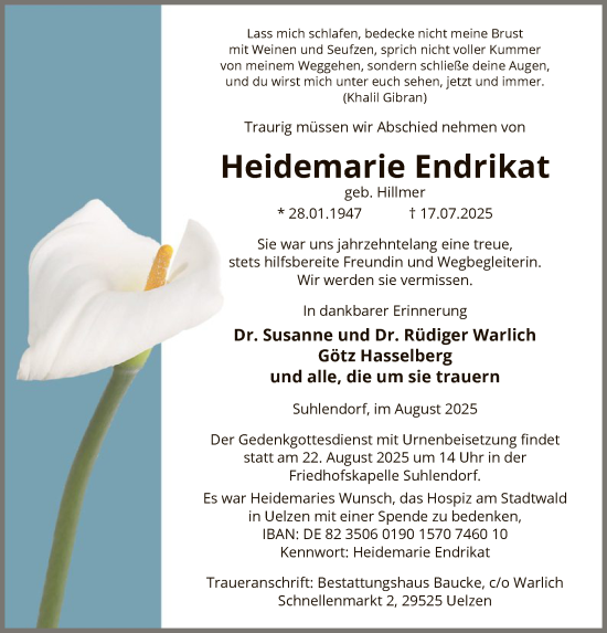 Traueranzeige von Heidemarie Endrikat von AZ
