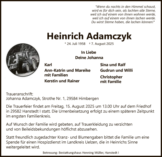 Traueranzeige von Heinrich Adamczyk von AZ