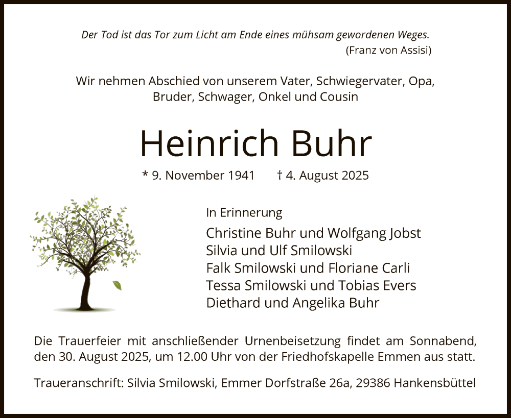  Traueranzeige für Heinrich Buhr vom 09.08.2025 aus IK
