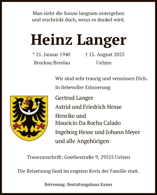 Traueranzeige von Heinz Langer von AZ