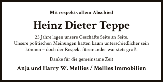 Traueranzeige von Heinz Dieter Teppe von AZ