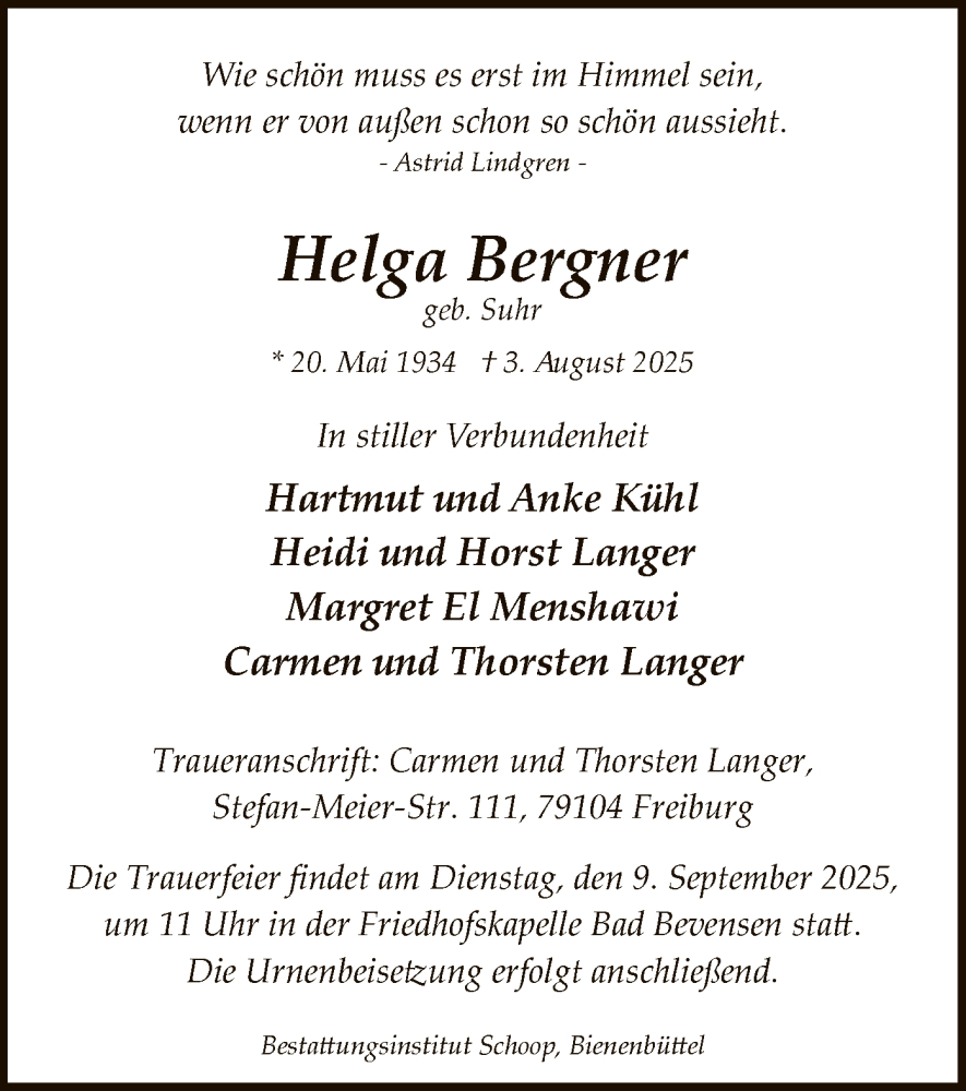  Traueranzeige für Helga Bergner vom 30.08.2025 aus AZ