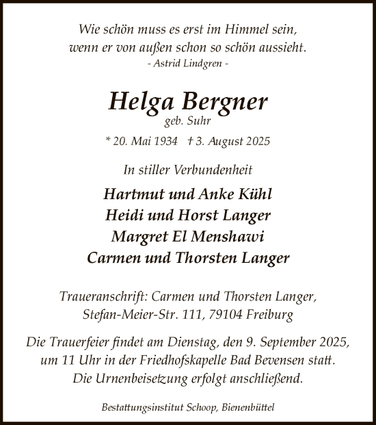 Traueranzeige von Helga Bergner von AZ