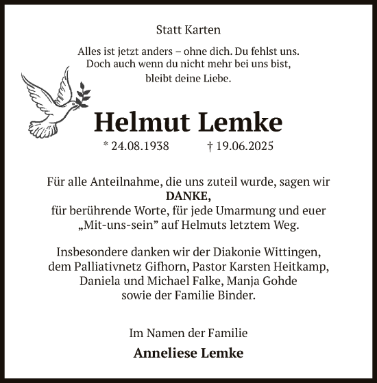 Traueranzeige von Helmut Lemke von IK