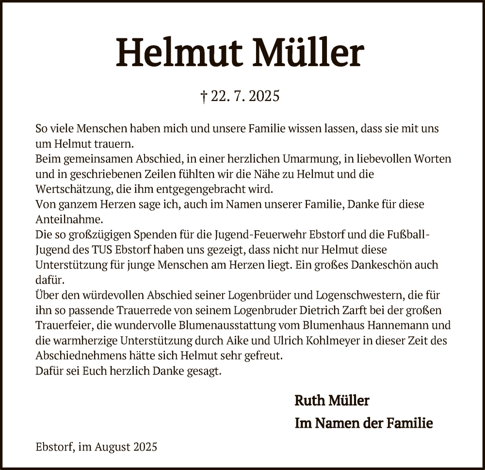  Traueranzeige für Helmut Müller vom 22.08.2025 aus AZ