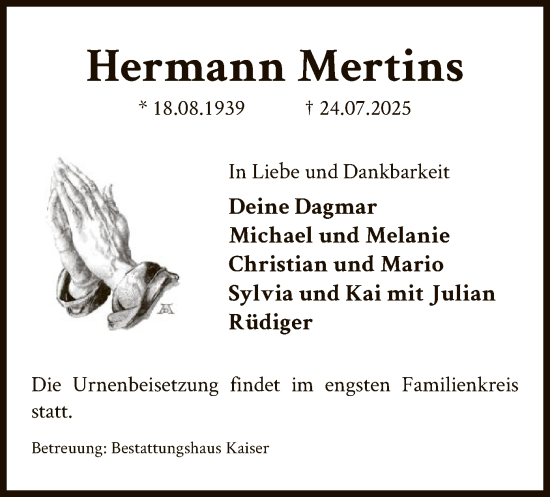 Traueranzeige von Hermann Mertins von AZ
