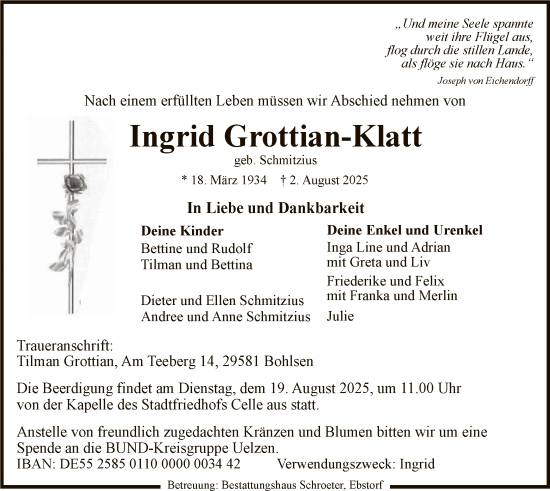 Traueranzeige von Ingrid Grottian-Klatt von AZ