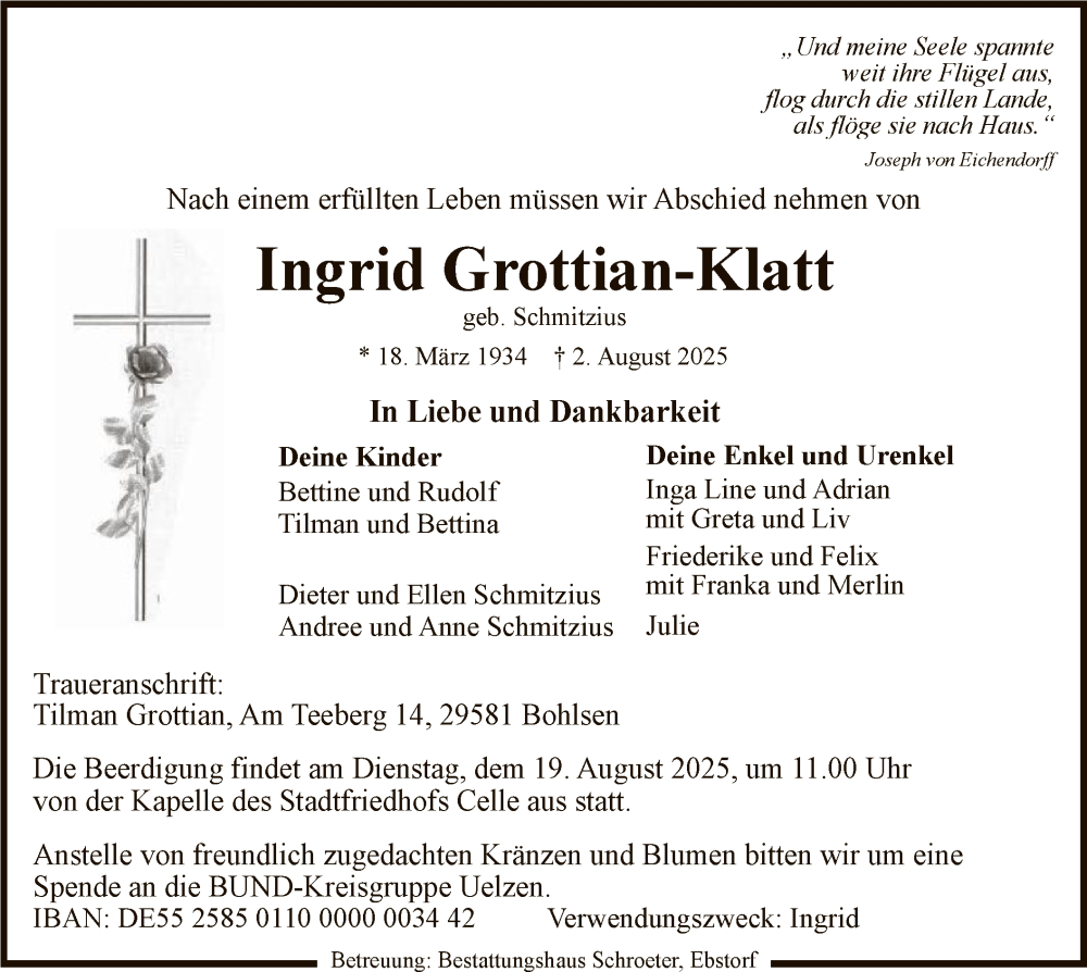  Traueranzeige für Ingrid Grottian-Klatt vom 09.08.2025 aus AZ