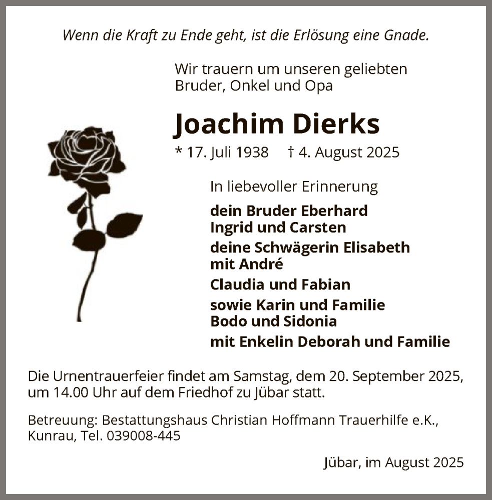  Traueranzeige für Joachim Dierks vom 30.08.2025 aus AMZ