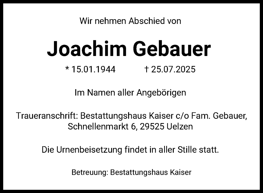  Traueranzeige für Joachim Gebauer vom 02.08.2025 aus AZ