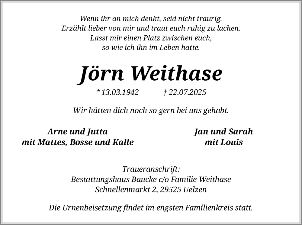  Traueranzeige für Jörn Weithase vom 02.08.2025 aus AZ