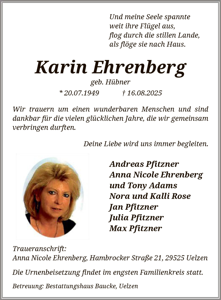  Traueranzeige für Karin Ehrenberg vom 23.08.2025 aus AZ
